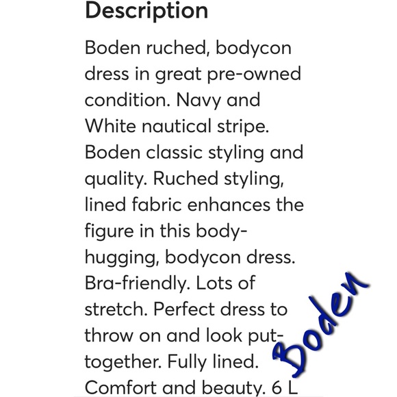 Boden Dress, ruched, Navy & White, striped bodycon, 6L - Picture 10 of 10